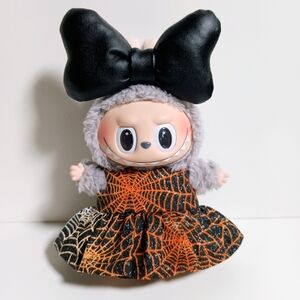 Custom Labubu Spooky Glitter Spiderweb Dress and Faux Leather Bow